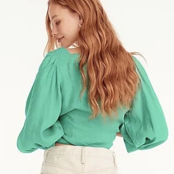 J. Crew 2X 100% Linen Square Neck Puffy Sleeves Kelly Green Blouse lightweight - Picture 3 of 16